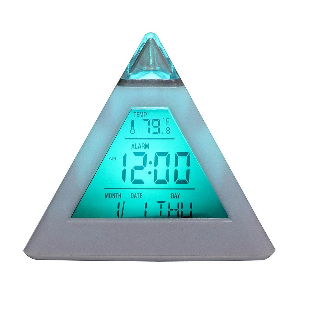 Triangle Pyramid Calendar Thermometer Colorful Backlight Change Clock Digital Alarm Clock Digital Alarm Thermometer Night Glowing Cube Clock LED Change LCD for Bedroom