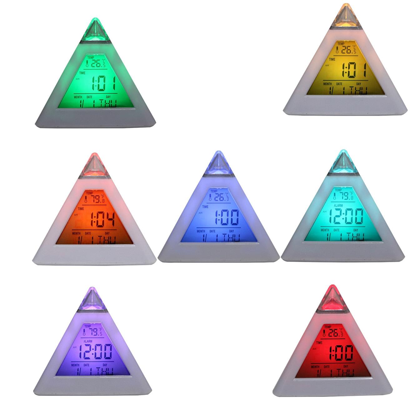 Triangle Pyramid Calendar Thermometer Colorful Backlight Change Clock Digital Alarm Clock Digital Alarm Thermometer Night Glowing Cube Clock LED Change LCD for Bedroom