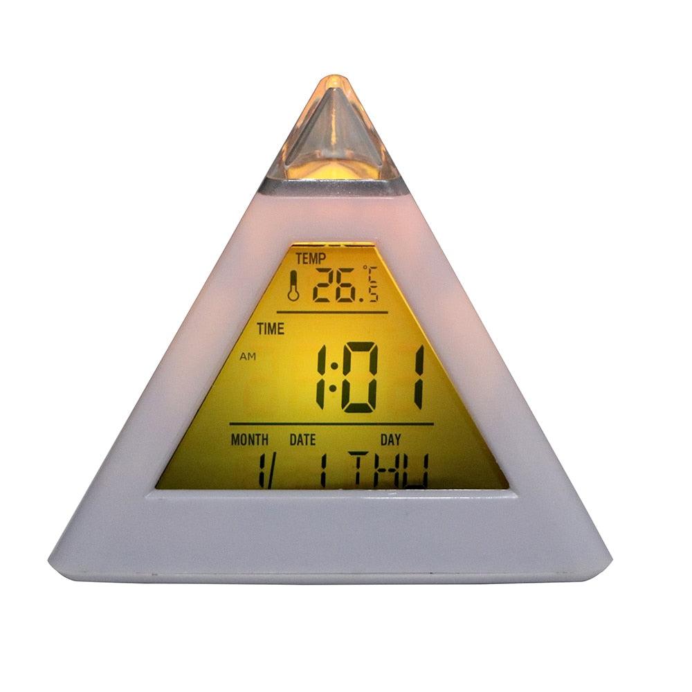 Triangle Pyramid Calendar Thermometer Colorful Backlight Change Clock Digital Alarm Clock Digital Alarm Thermometer Night Glowing Cube Clock LED Change LCD for Bedroom