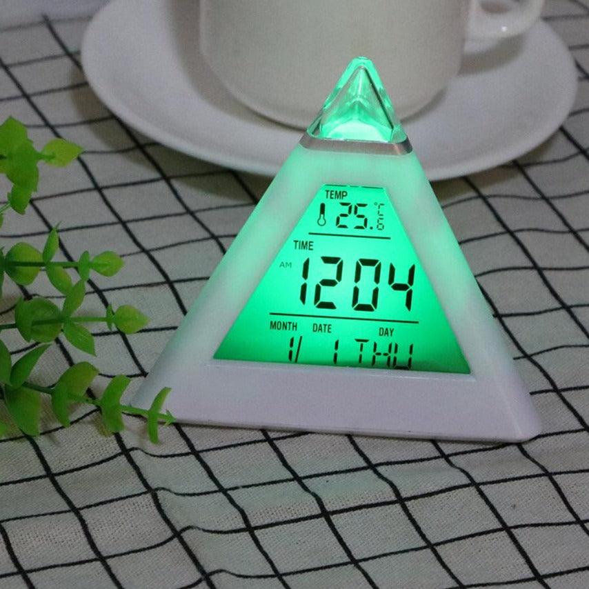 Triangle Pyramid Calendar Thermometer Colorful Backlight Change Clock Digital Alarm Clock Digital Alarm Thermometer Night Glowing Cube Clock LED Change LCD for Bedroom