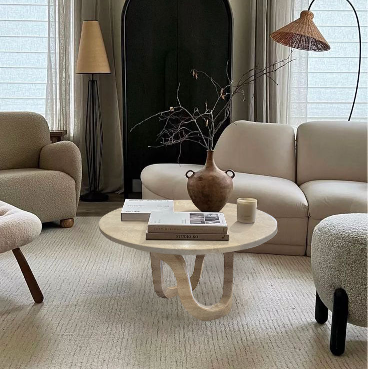 Troia Light Travertine Vein-cut Designer Round Polished Coffee Table (D)24