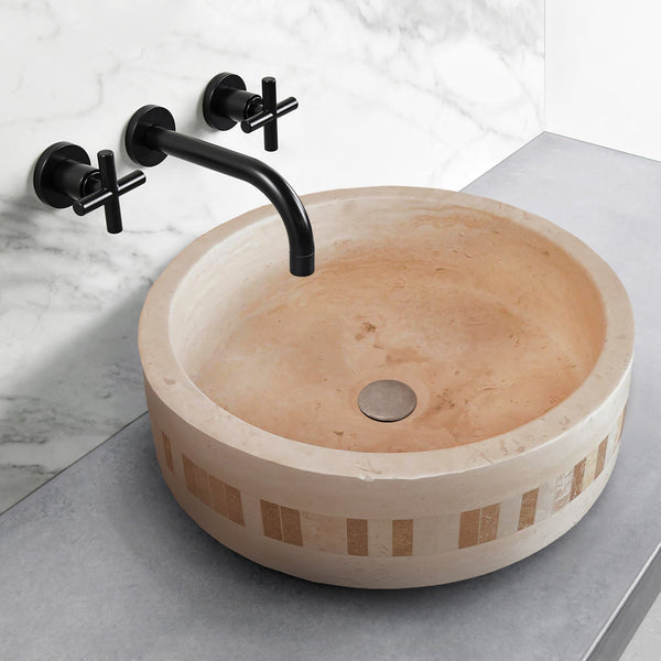 Troia Light Travertine Natural Stone Cylinder Sink Honed and Filled/Matte (D)16
