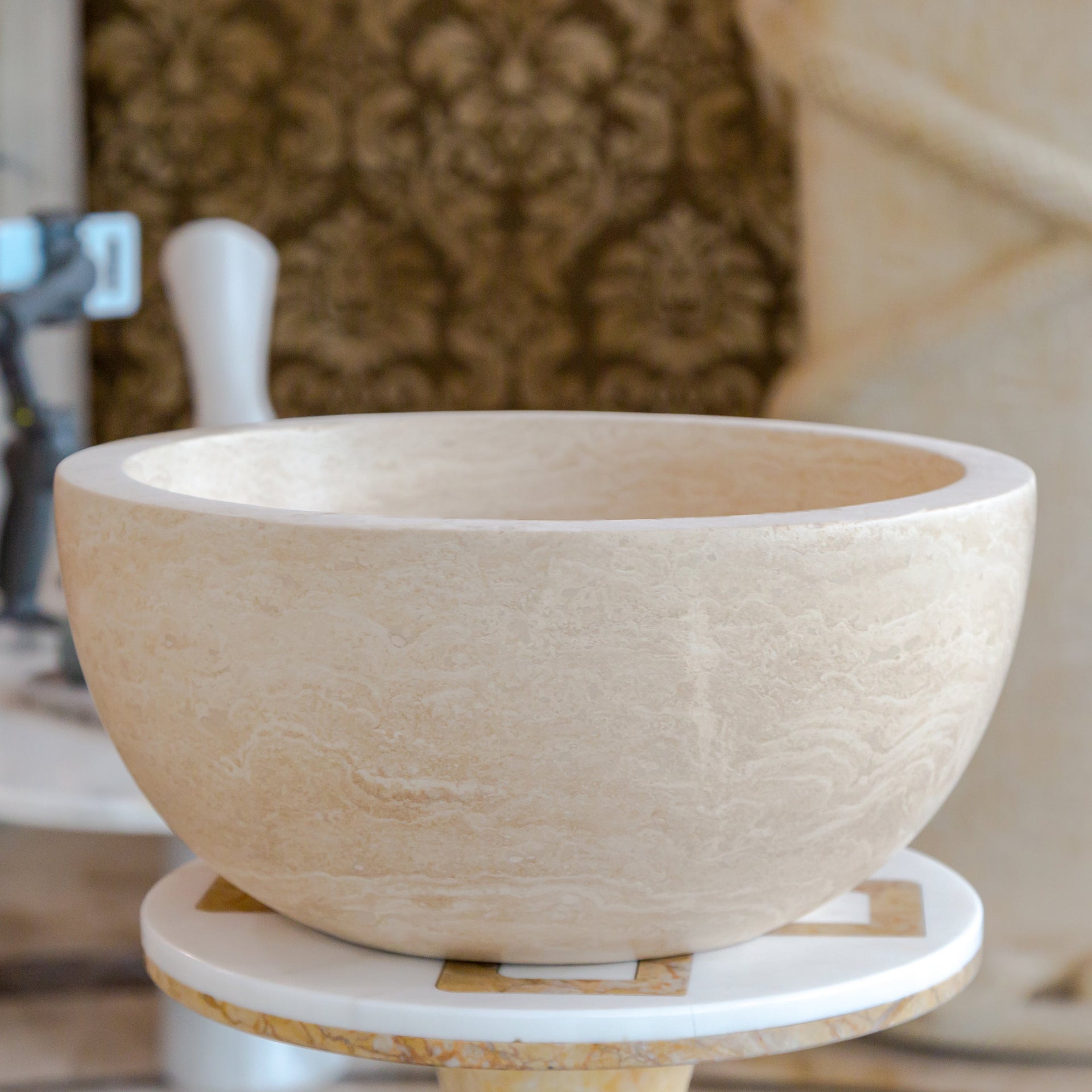 Troia Light Travertine Natural Stone Round Above Vanity Bathroom Sink (D)12.5
