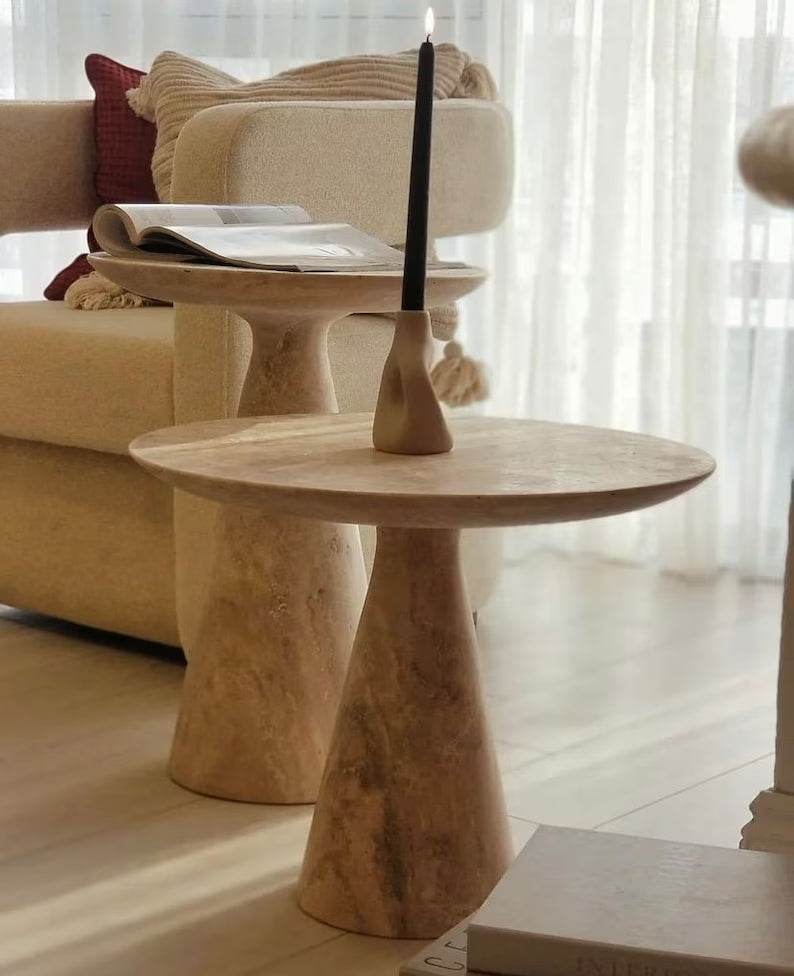 Troia Light Travertine Round End/Side Table Conic Shape Leg Honed (D)18