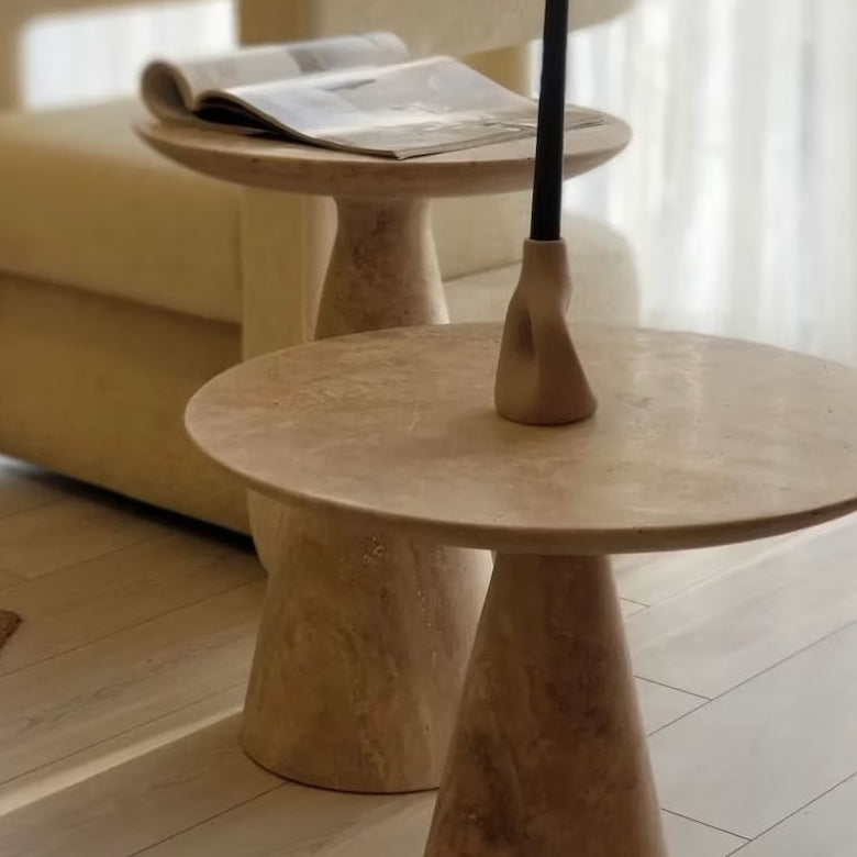 Troia Light Travertine Round End/Side Table Conic Shape Leg Honed (D)18