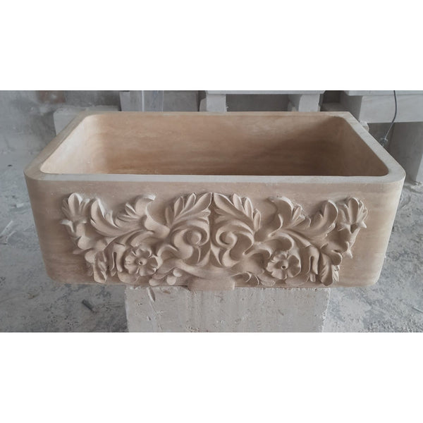 Troia Light Travertine Natural Stone Farmhouse Apron Kitchen Sink (W)18