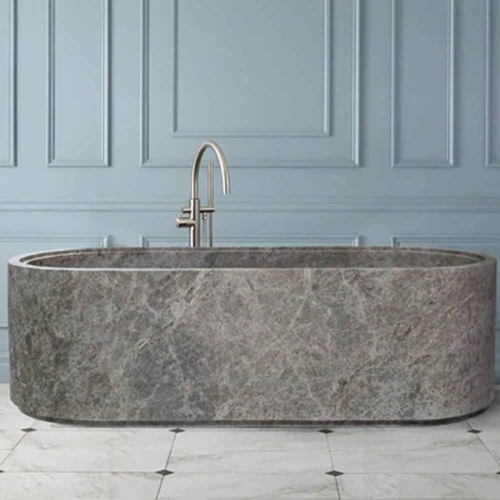 Tundra Gray Marble Freestanding Bathtub - Hand-Carved Matte Finish
