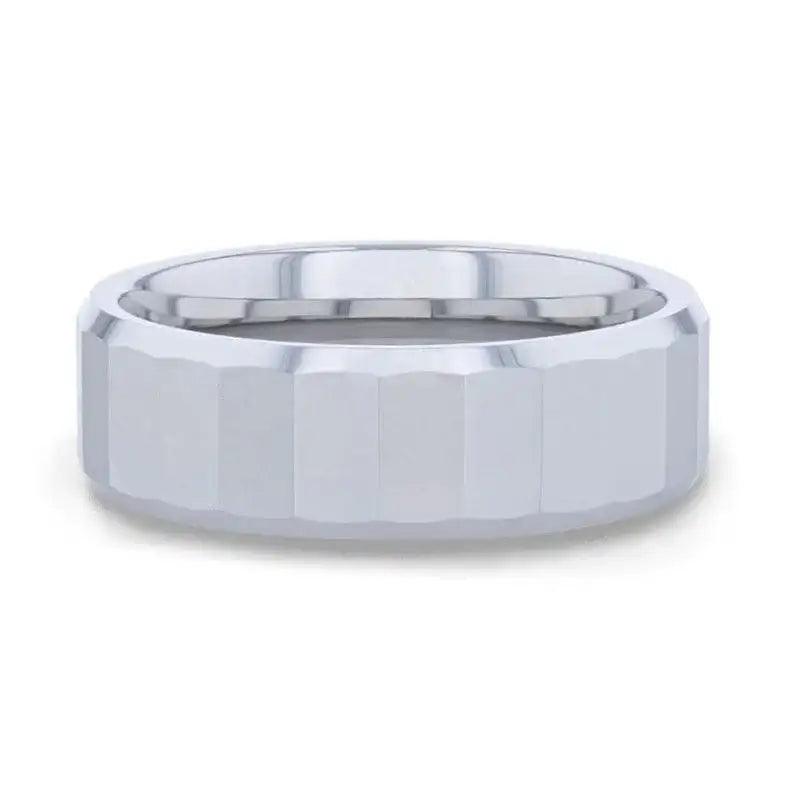 REFLECTOR Faceted Polished Center Tungsten Men's Wedding Band With Polished Beveled Edges - 8mm
