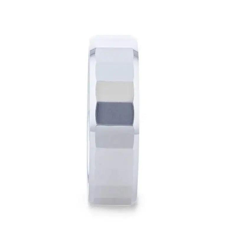 REFLECTOR Faceted Polished Center Tungsten Men's Wedding Band With Polished Beveled Edges - 8mm