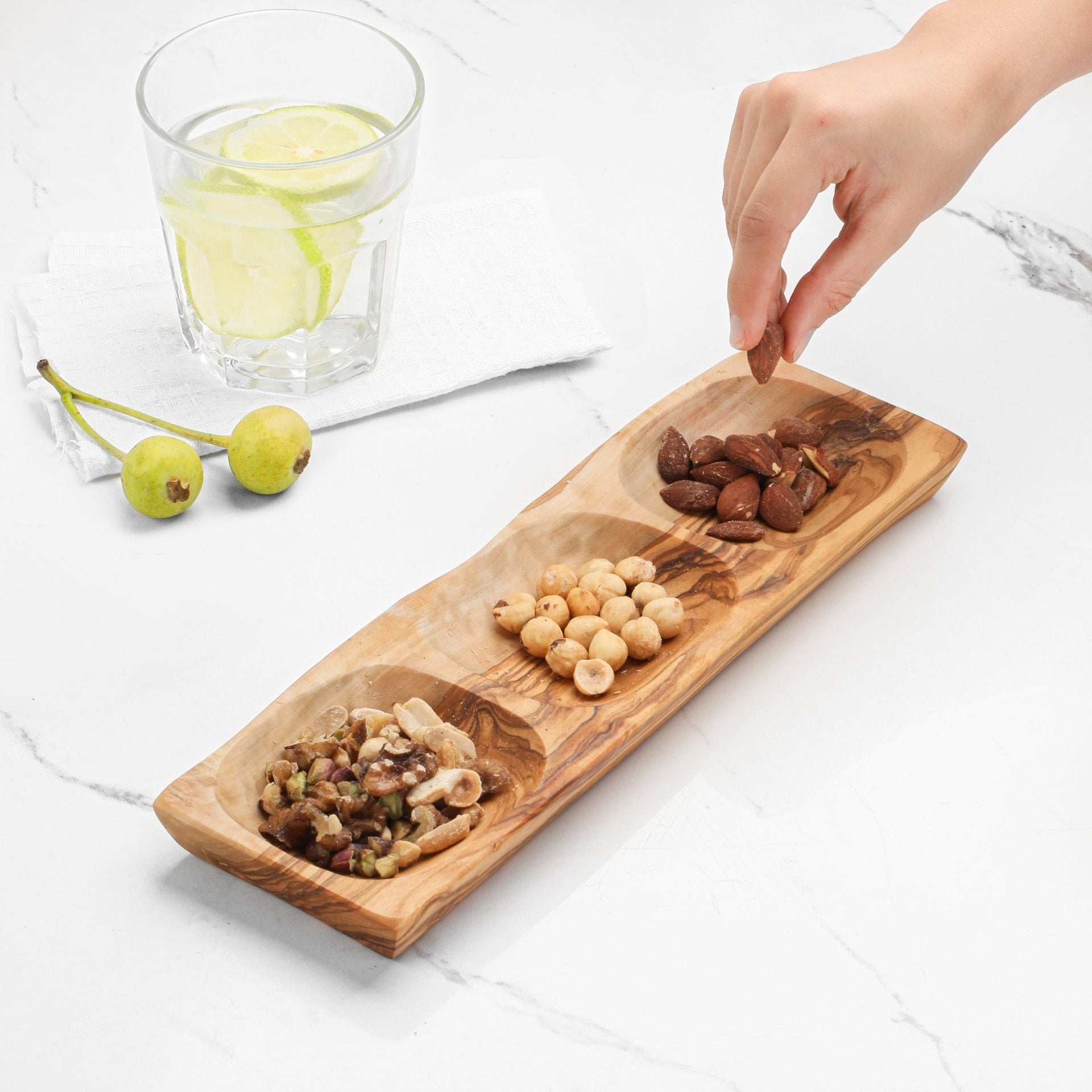 Handcrafted Olive Wood 3-Section Dish – Snack & Appetizer Tray Modern Home & Kitchen