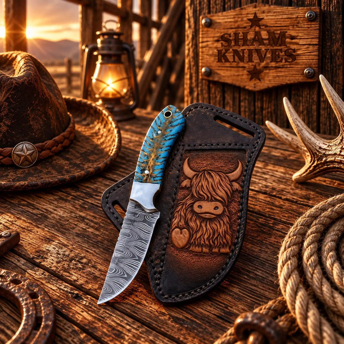 Turquoise Trail 4″ Damascus Cowboy Skinner with Side-Belt Sheath