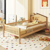 Twin Size Kids Montessori Bed with House-Shaped Headboard and Built-in Storage Shelf-Natural