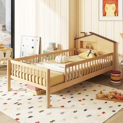 Twin Size Kids Montessori Bed with House-Shaped Headboard and Built-in Storage Shelf-Natural