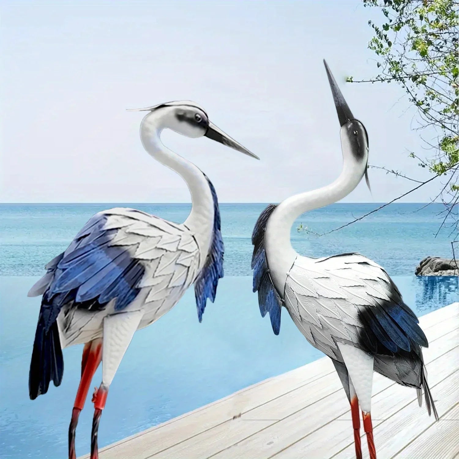 Two Pairs of Elegant White Crane Statues, with Head Up and Head Down Styles, Smooth Metal Design, Courtyard Villa Garden Decoration, Lawn and Gardening, Outdoor Bird Garden Decoration, Metal Crafts