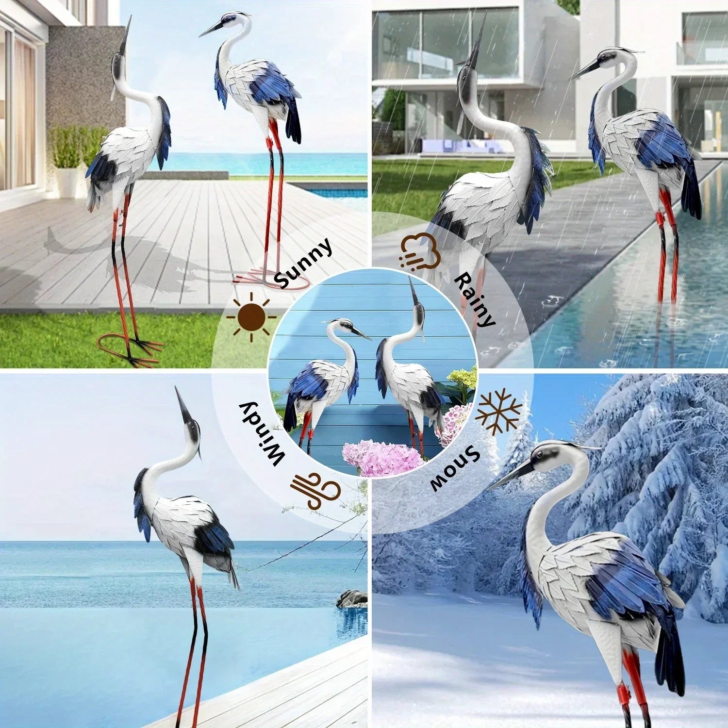 Two Pairs of Elegant White Crane Statues, with Head Up and Head Down Styles, Smooth Metal Design, Courtyard Villa Garden Decoration, Lawn and Gardening, Outdoor Bird Garden Decoration, Metal Crafts