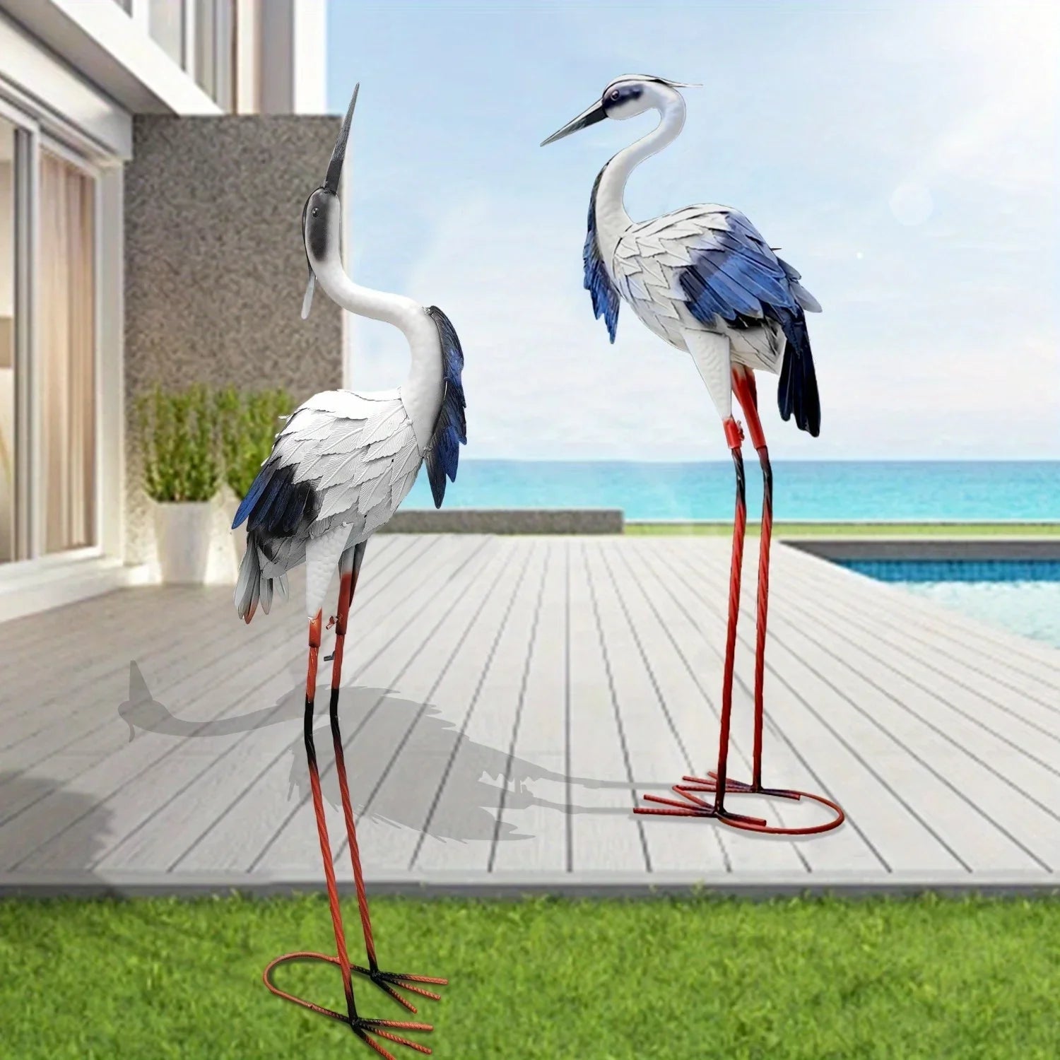 Two Pairs of Elegant White Crane Statues, with Head Up and Head Down Styles, Smooth Metal Design, Courtyard Villa Garden Decoration, Lawn and Gardening, Outdoor Bird Garden Decoration, Metal Crafts