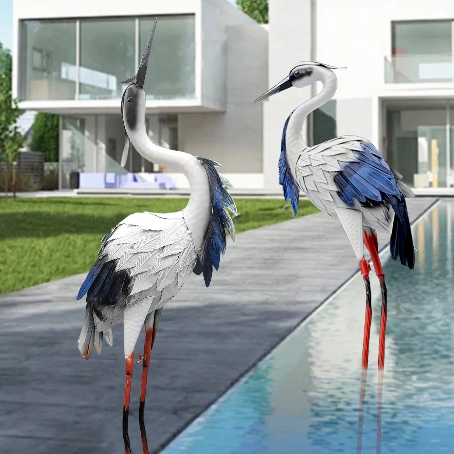 Two Pairs of Elegant White Crane Statues, with Head Up and Head Down Styles, Smooth Metal Design, Courtyard Villa Garden Decoration, Lawn and Gardening, Outdoor Bird Garden Decoration, Metal Crafts