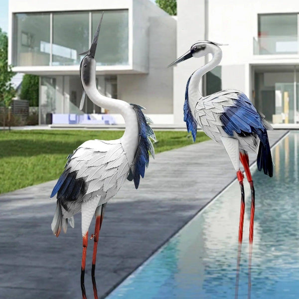 Two Pairs of Elegant White Crane Statues, with Head Up and Head Down Styles, Smooth Metal Design, Courtyard Villa Garden Decoration, Lawn and Gardening, Outdoor Bird Garden Decoration, Metal Crafts