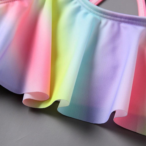 Two Piece Girls Swimsuit Rainbow Children's Swimwear Two Piece Bathing Suit 2-12 Years Swimsuit Pieces Bathing Suits With Ruffles Hollowed Flounce Bikini With Adjustable Straps For Girls