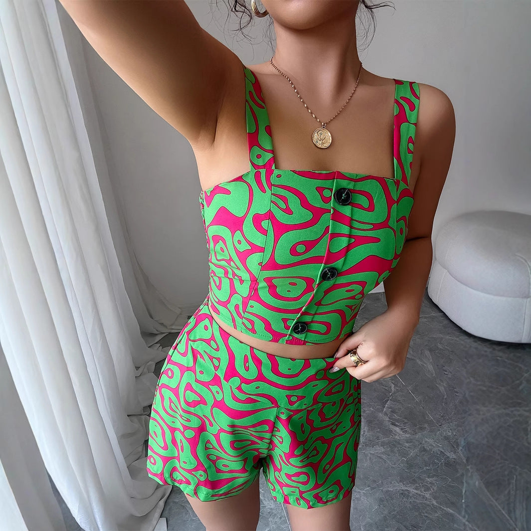 Two piece set of minimalist camisole printed shorts