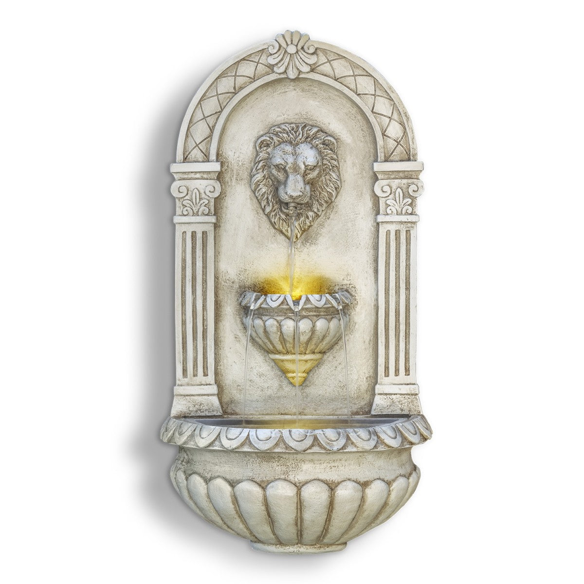 32 in. Tall Outdoor Classical Wall-Mounted Water Fountain with Lion Head and LED Lights