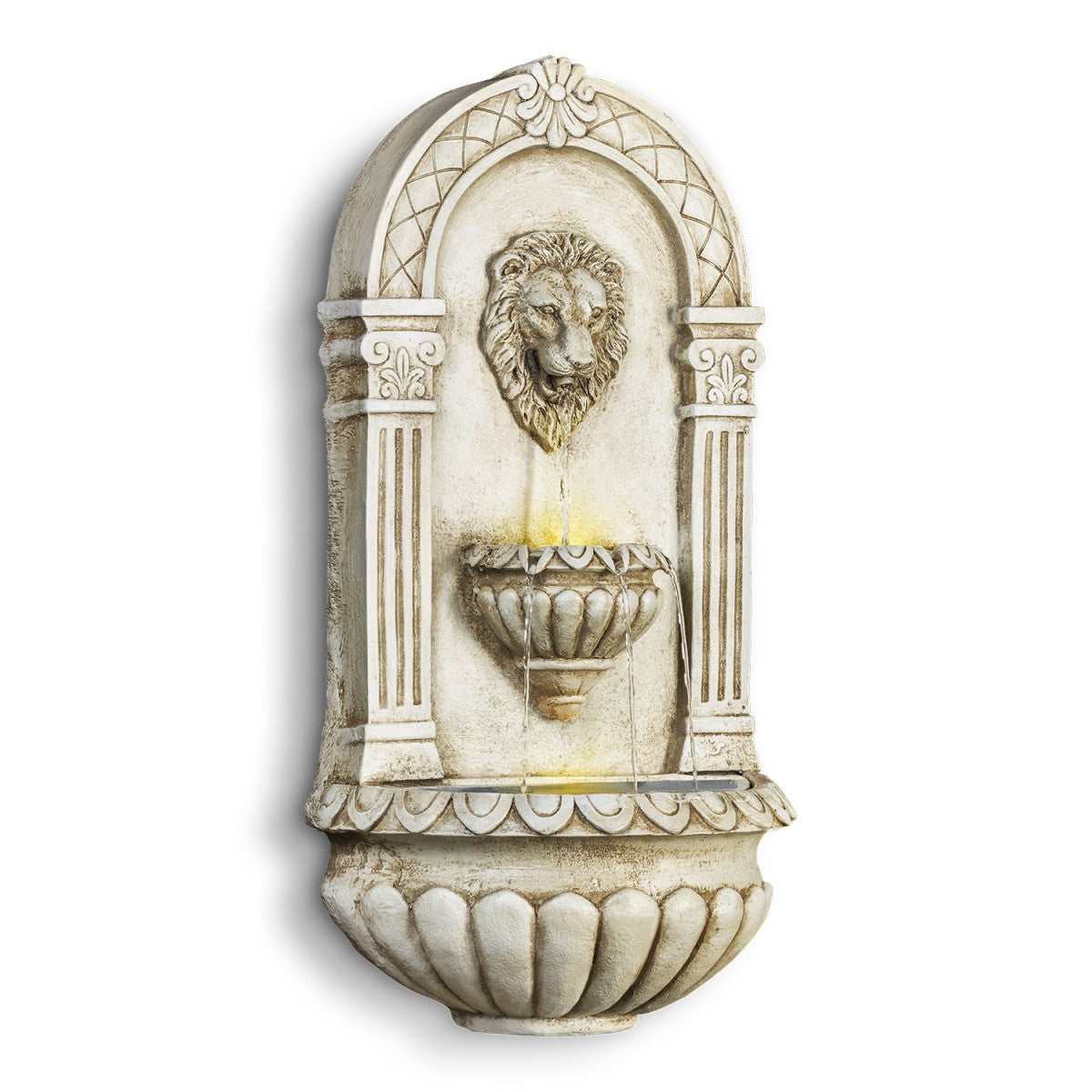 32 in. Tall Outdoor Classical Wall-Mounted Water Fountain with Lion Head and LED Lights