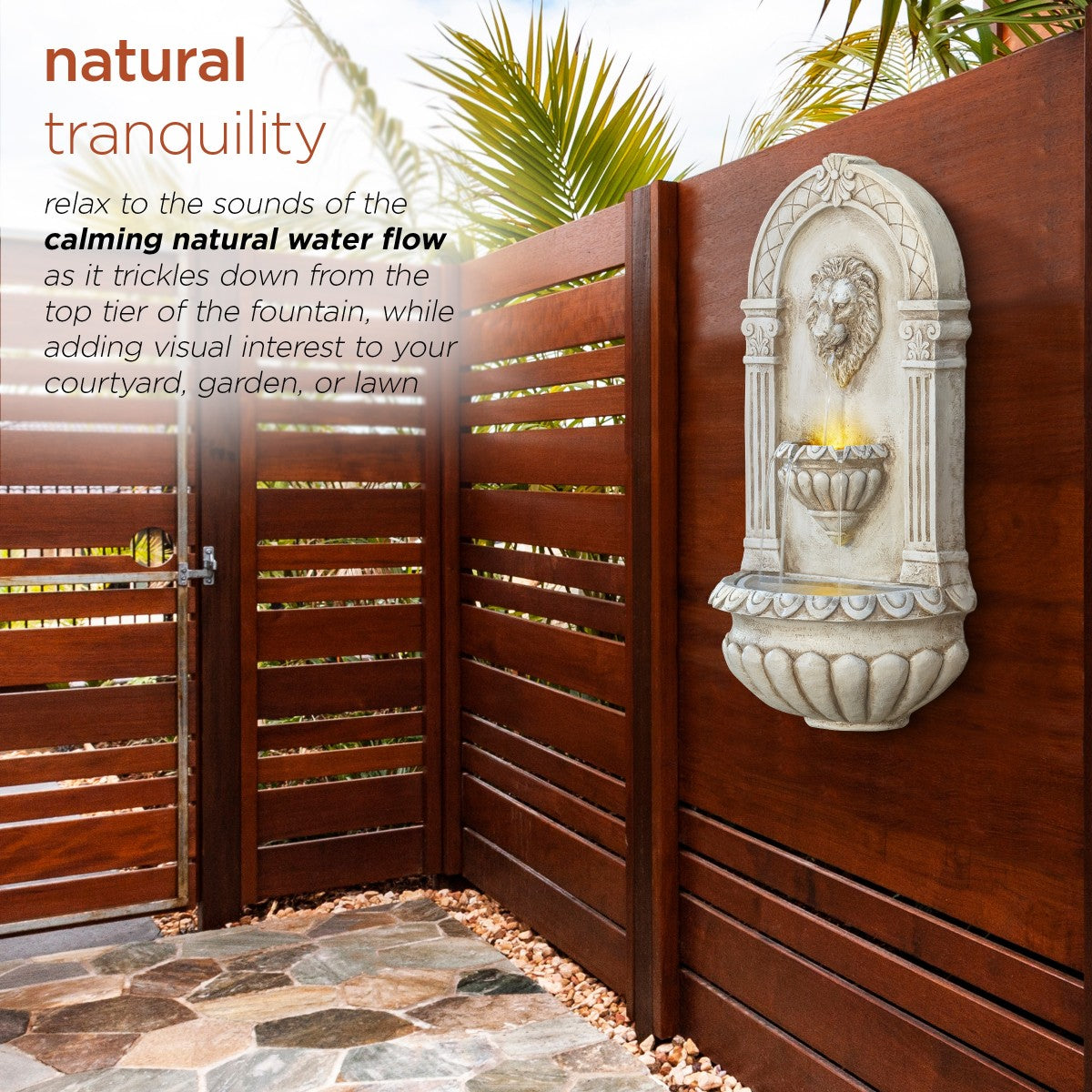 32 in. Tall Outdoor Classical Wall-Mounted Water Fountain with Lion Head and LED Lights