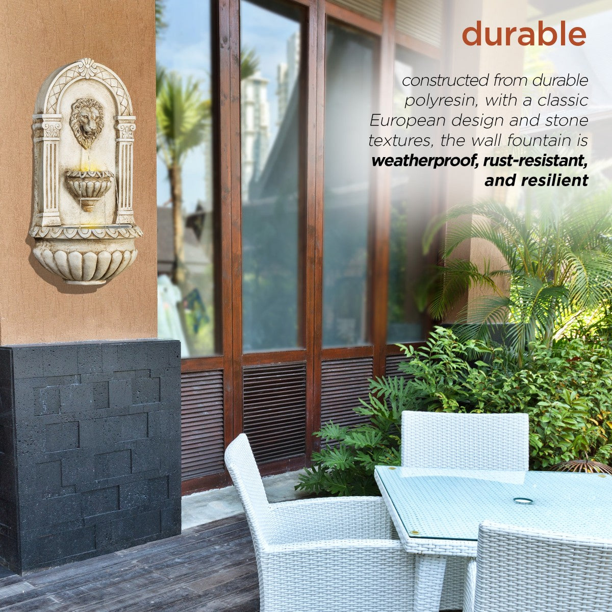 32 in. Tall Outdoor Classical Wall-Mounted Water Fountain with Lion Head and LED Lights