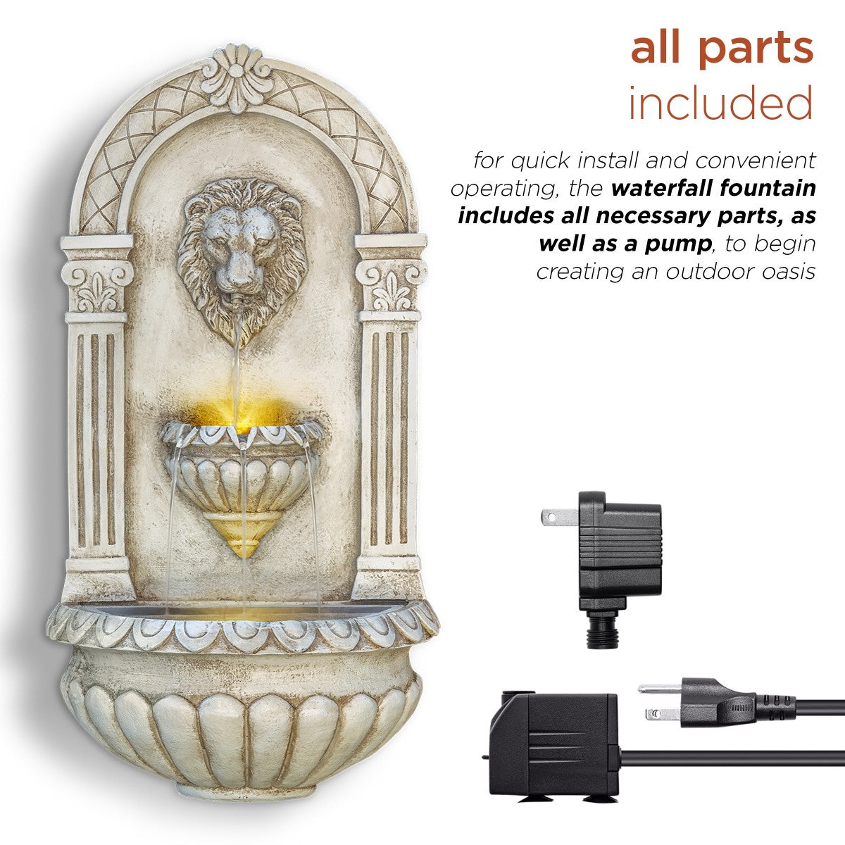 32 in. Tall Outdoor Classical Wall-Mounted Water Fountain with Lion Head and LED Lights