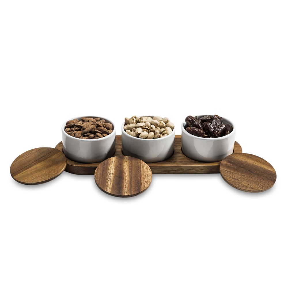 Condiment Serving Set  3 Ceramic Bowls with Lids  13