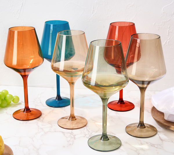European Style Crystal, Stemmed Wine Glasses, Acrylic Glasses Tritan Drinkware, Unbreakable Muted Color | Set of 6 | Shatterproof BPA-free plastic, Reusable, All Purpose Glassware, Hand Wash Only 15oz