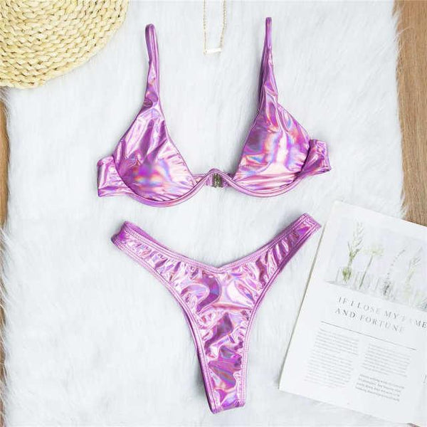 Underwired Bikini Female Swimsuit Women Swimwear Two-Piece V Shape Wire Bikini Set Bather Bathing Suit Women Micro Bikini Set Shiny Metallic 2 Piece Swimsuit Push Up Underwire Swimwear Bathing Suit