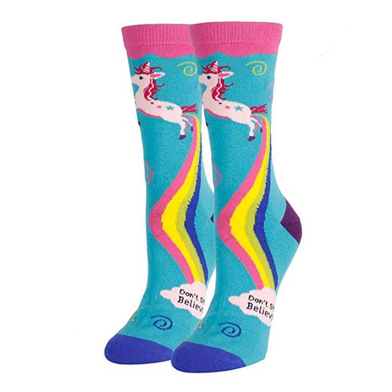 Unicorn Rainbow Printing Autumn And Winter Leisure In The Tube Sports Holiday Gift Socks