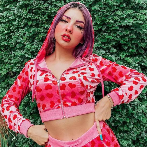 Unique Design Velvet Heart Print Cropped Top Bomber Jacket For Women Autumn Cute Pink Long Sleeve Coats Zipper Winter Overcoat