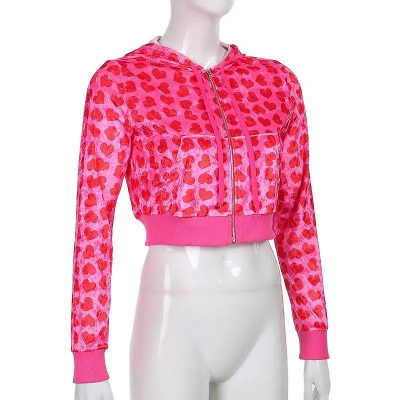 Unique Design Velvet Heart Print Cropped Top Bomber Jacket For Women Autumn Cute Pink Long Sleeve Coats Zipper Winter Overcoat