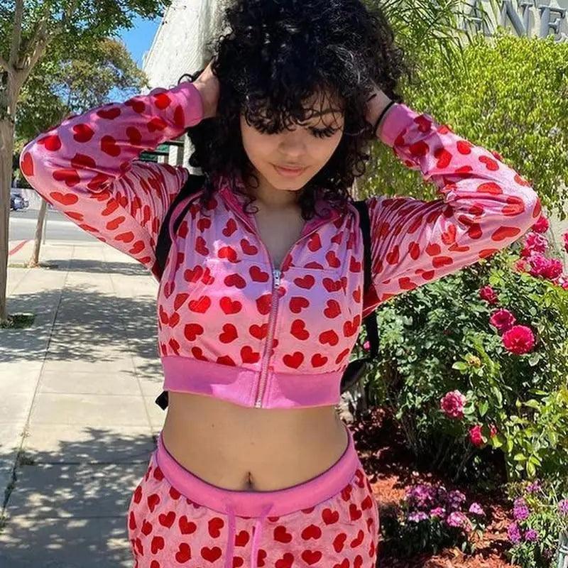 Unique Design Velvet Heart Print Cropped Top Bomber Jacket For Women Autumn Cute Pink Long Sleeve Coats Zipper Winter Overcoat