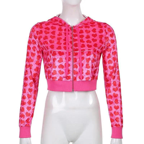 Unique Design Velvet Heart Print Cropped Top Bomber Jacket For Women Autumn Cute Pink Long Sleeve Coats Zipper Winter Overcoat