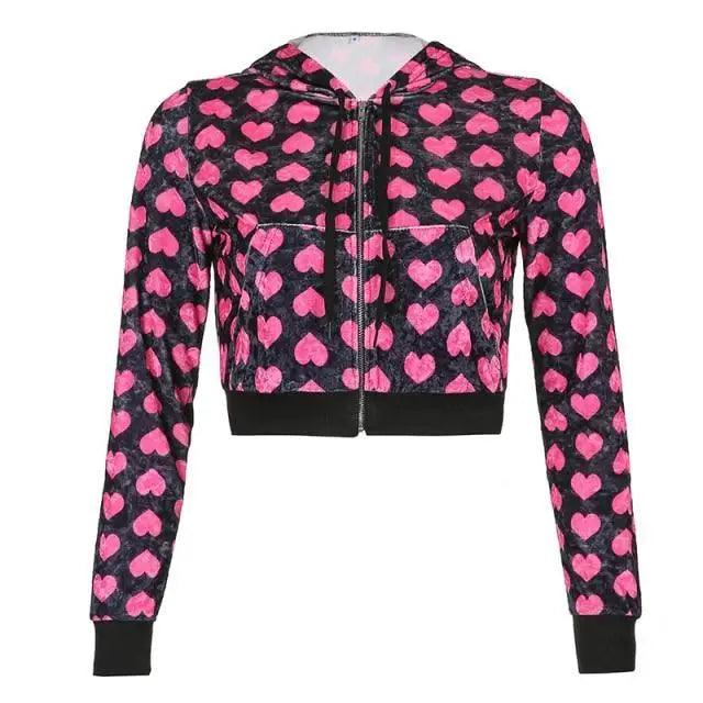 Unique Design Velvet Heart Print Cropped Top Bomber Jacket For Women Autumn Cute Pink Long Sleeve Coats Zipper Winter Overcoat