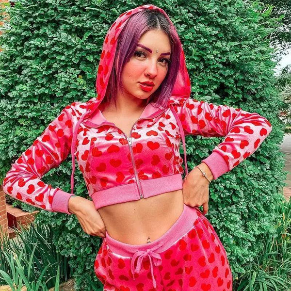 Unique Design Velvet Heart Print Cropped Top Bomber Jacket For Women Autumn Cute Pink Long Sleeve Coats Zipper Winter Overcoat