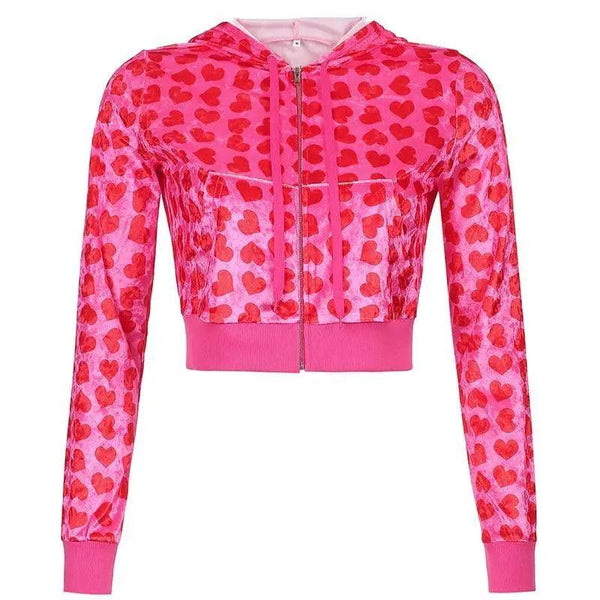 Unique Design Velvet Heart Print Cropped Top Bomber Jacket For Women Autumn Cute Pink Long Sleeve Coats Zipper Winter Overcoat
