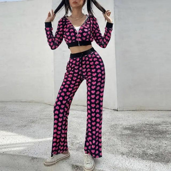 Unique Design Velvet Heart Print Cropped Top Bomber Jacket For Women Autumn Cute Pink Long Sleeve Coats Zipper Winter Overcoat