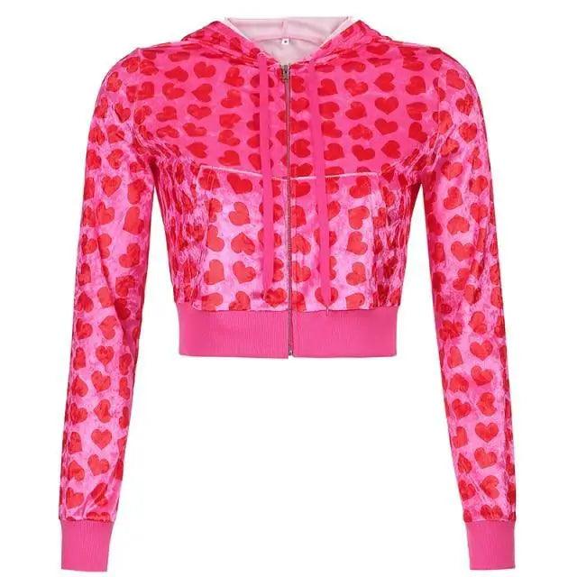 Unique Design Velvet Heart Print Cropped Top Bomber Jacket For Women Autumn Cute Pink Long Sleeve Coats Zipper Winter Overcoat