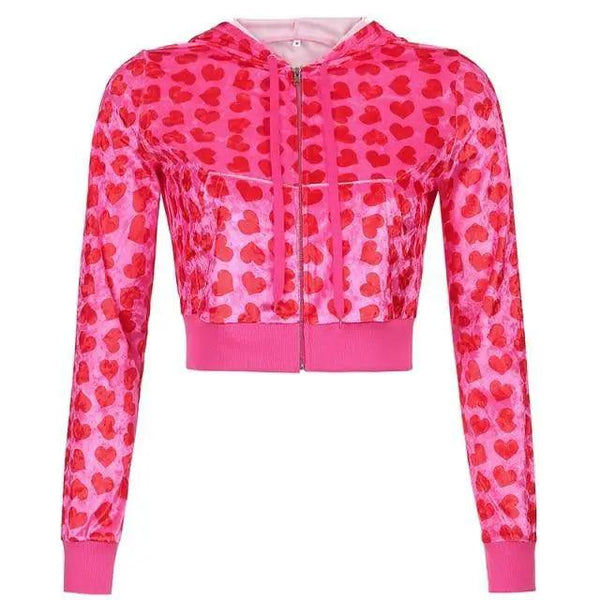Unique Design Velvet Heart Print Cropped Top Bomber Jacket For Women Autumn Cute Pink Long Sleeve Coats Zipper Winter Overcoat