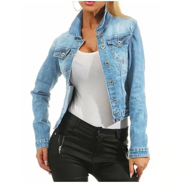 Unique Design Women's Denim Cropped Jacket Female Pockets Hole Short Jean Jackets Ladies Fashionable Button Casual Solid Coats