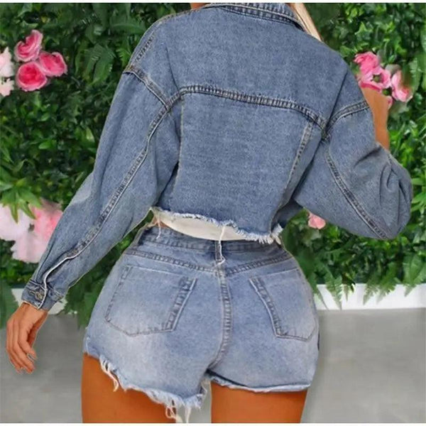Unique Design Women's Denim Cropped Jacket Female Pockets Hole Short Jean Jackets Ladies Fashionable Button Casual Solid Coats