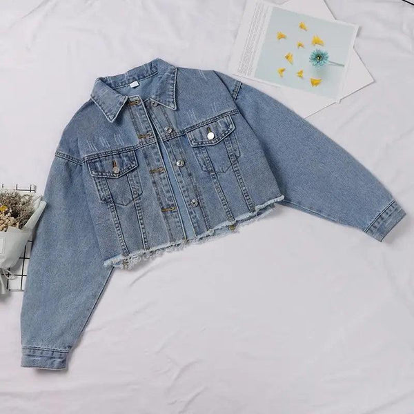 Unique Design Women's Denim Cropped Jacket Female Pockets Hole Short Jean Jackets Ladies Fashionable Button Casual Solid Coats