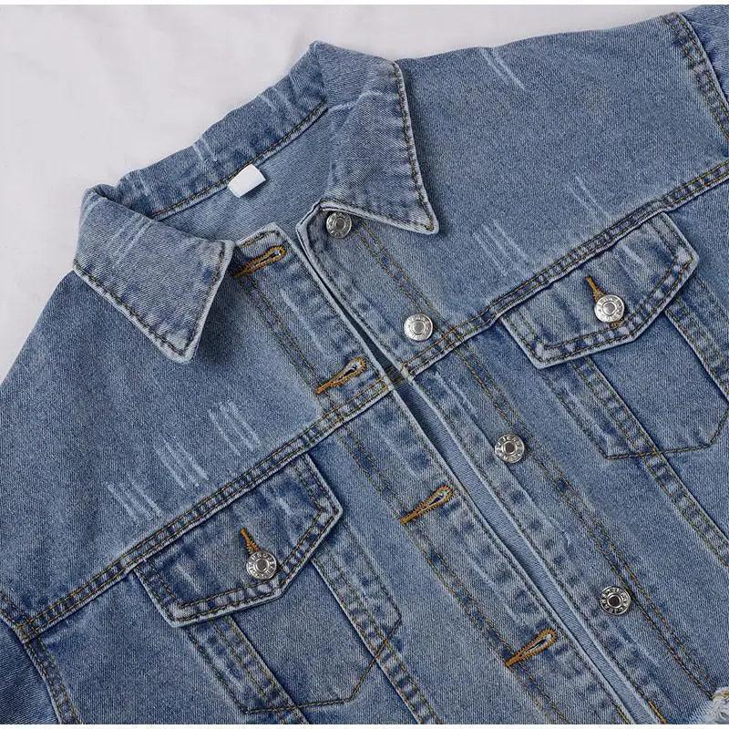 Unique Design Women's Denim Cropped Jacket Female Pockets Hole Short Jean Jackets Ladies Fashionable Button Casual Solid Coats