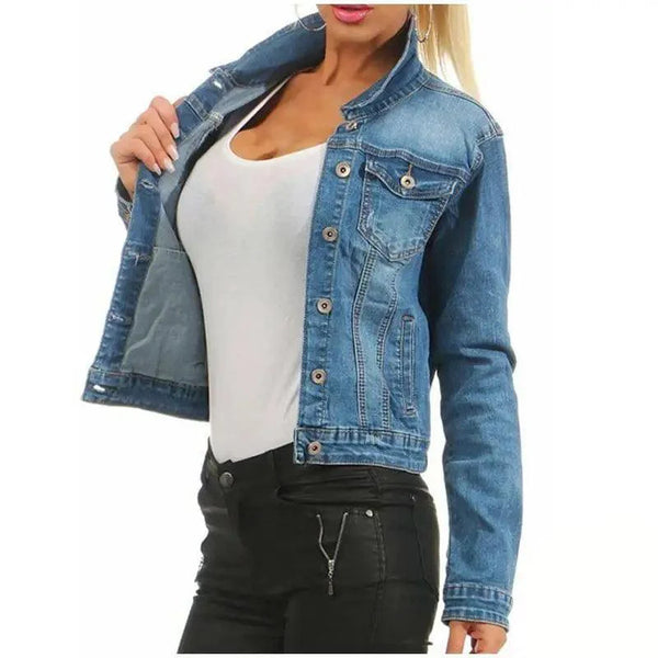 Unique Design Women's Denim Cropped Jacket Female Pockets Hole Short Jean Jackets Ladies Fashionable Button Casual Solid Coats