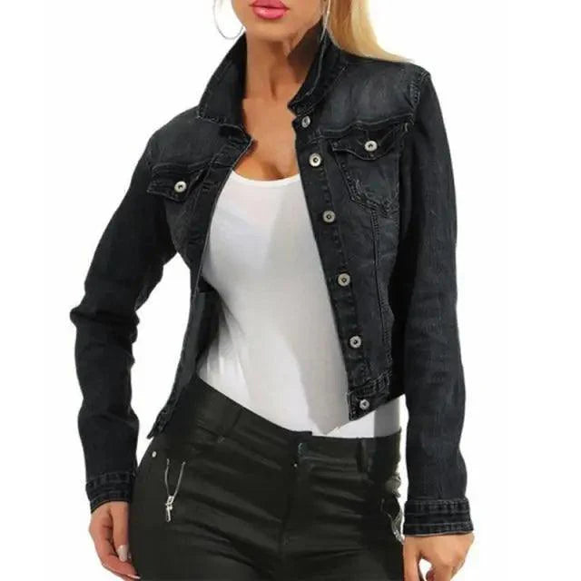 Unique Design Women's Denim Cropped Jacket Female Pockets Hole Short Jean Jackets Ladies Fashionable Button Casual Solid Coats