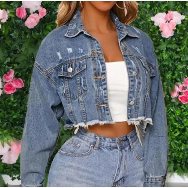 Unique Design Women's Denim Cropped Jacket Female Pockets Hole Short Jean Jackets Ladies Fashionable Button Casual Solid Coats